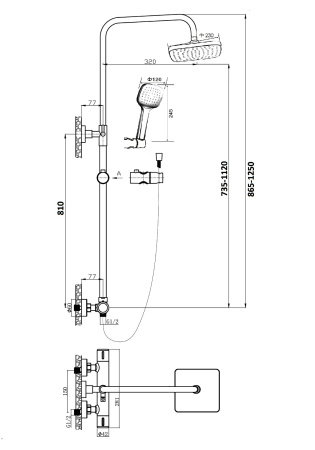 Душевая система Orange Thermo T02S4-912b c термостатом, черный матовый